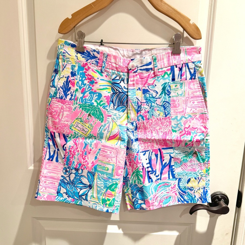 Men's Flat Front Patchwork Print Shorts in Pink Multi